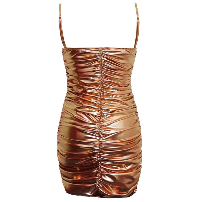 Metallic Spaghettiträger Gerafftes Bodycon Club Minikleid - Gold