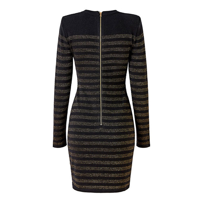 Metallic Striped Button Detail Long Sleeve Bandage Knit Bodycon Mini Party Dress