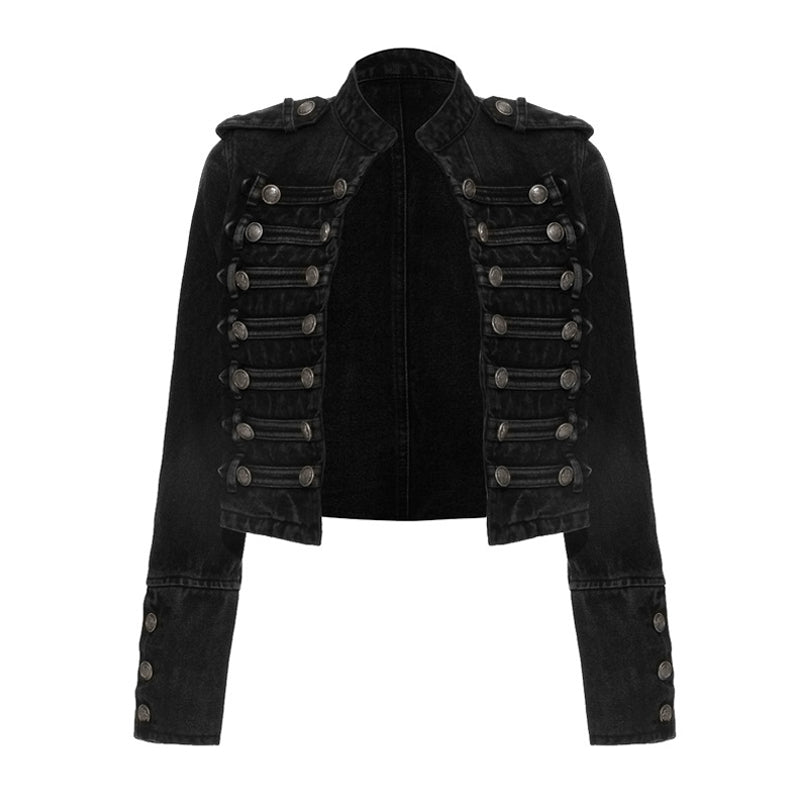 Kurze Jeansjacke mit Stehkragen und Metallbeschlägen im Militärstil, langärmlig, vorne offen