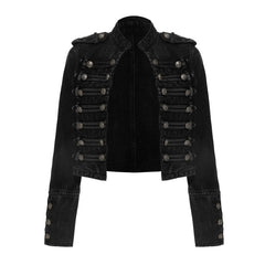 Kurze Jeansjacke mit Stehkragen und Metallbeschlägen im Militärstil, langärmlig, vorne offen