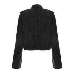 Kurze Jeansjacke mit Stehkragen und Metallbeschlägen im Militärstil, langärmlig, vorne offen