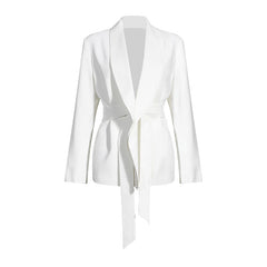 Minimalist Solid Color Shawl Collar Shoulder Pad Long Sleeve Belted Blazer