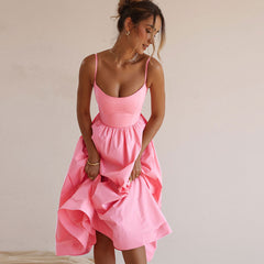 Minimalist Solid Color Spaghetti Strap Pleated Fit and Flare Midi SunDress