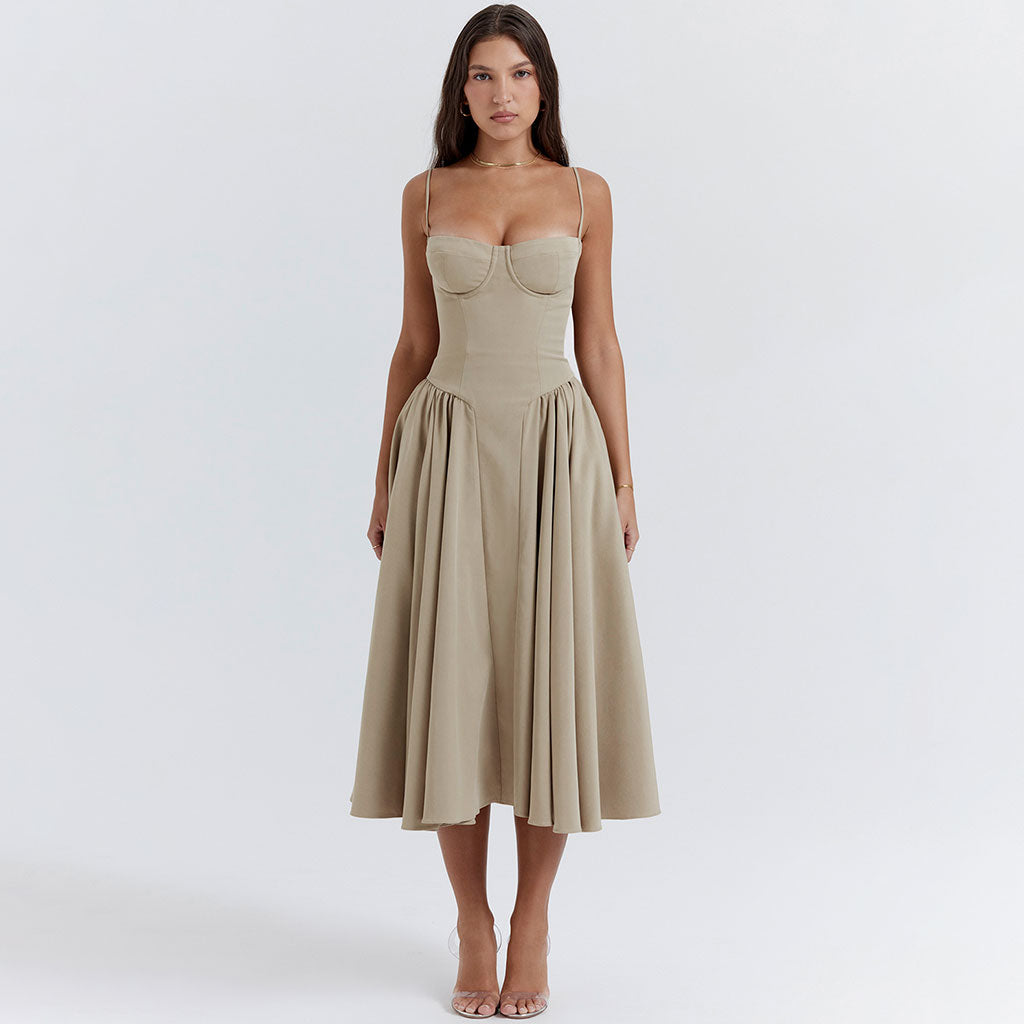 Minimalist Solid Sweetheart Neck Drop Waist Fit and Flare Midi Cami SunDress