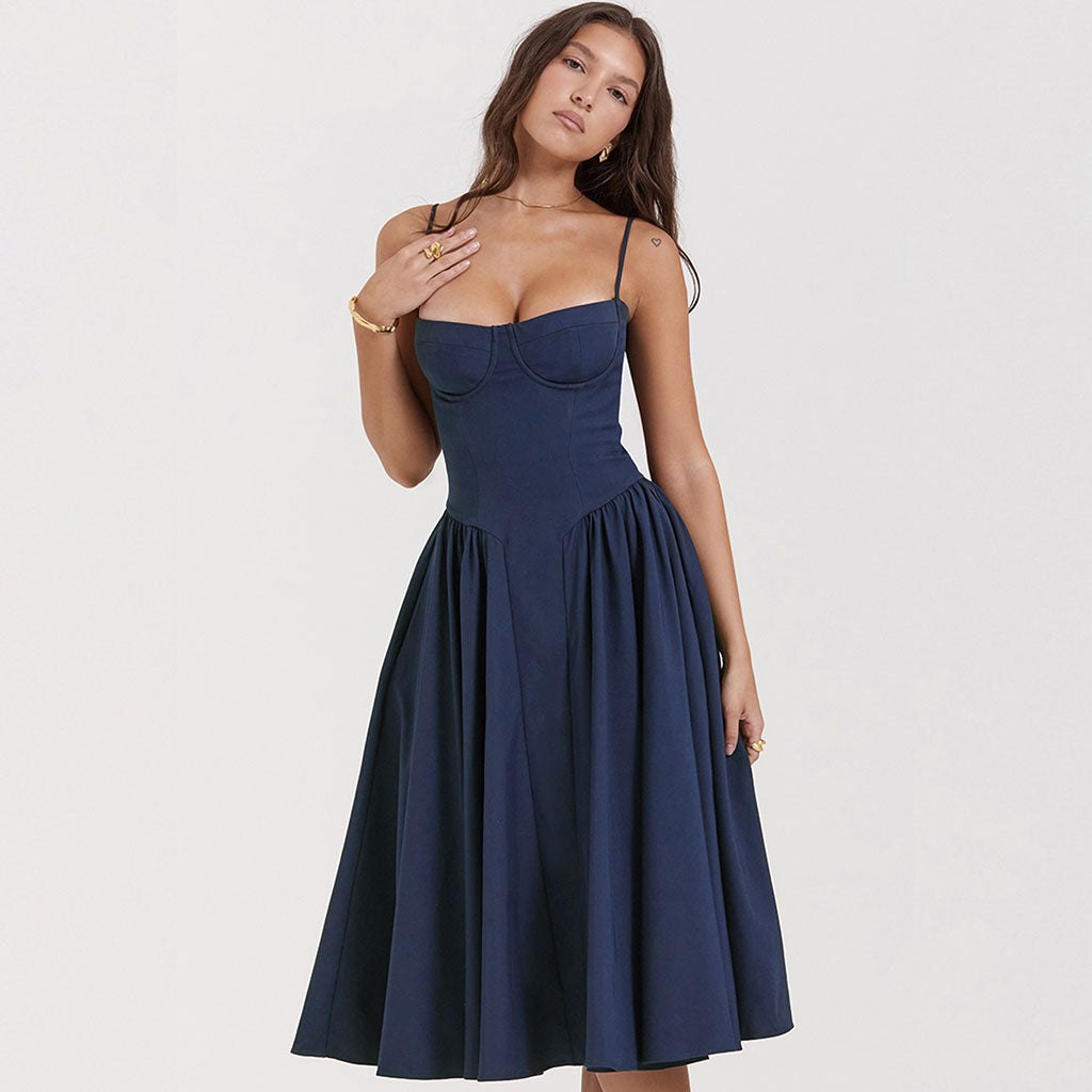 Minimalist Solid Sweetheart Neck Drop Waist Fit and Flare Midi Cami SunDress