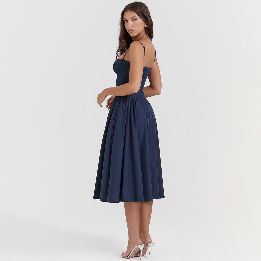 Minimalist Solid Sweetheart Neck Drop Waist Fit and Flare Midi Cami SunDress