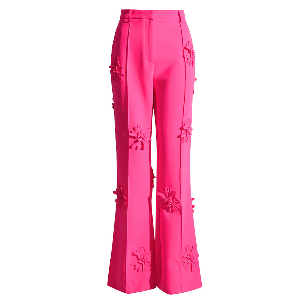 Modern Floral Appliqué High Rise Straight Leg Crepe Pants