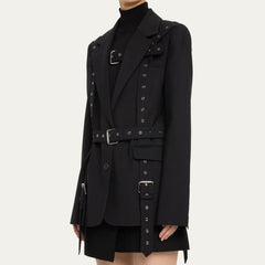 Modern Grommet Eyelet Strappy Buckle Belt Lapel Single Breasted Blazer