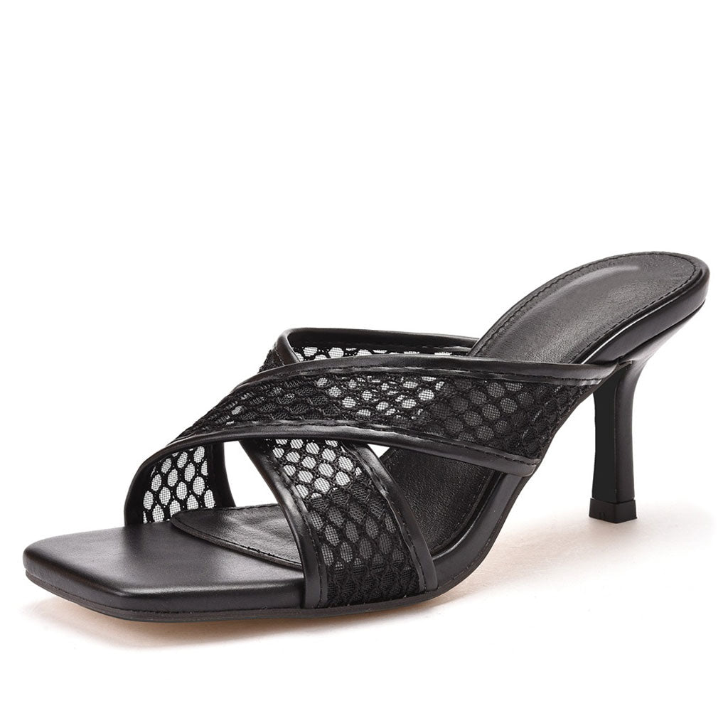 Moderne, solide Crisscross Mesh Net Stiletto Pantoletten - Schwarz