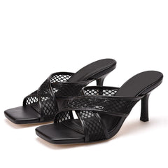 Moderne, solide Crisscross Mesh Net Stiletto Pantoletten - Schwarz