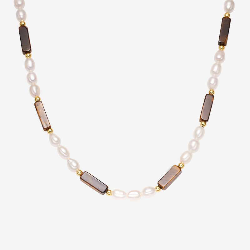 Natural Freshwater Pearl Beaded Baguette Cut Tiger Eye Choker NeckLace