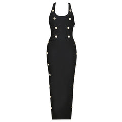 Nostalgic Button Trim Square Neck RacerBack Bodycon Bandage Maxi Dress