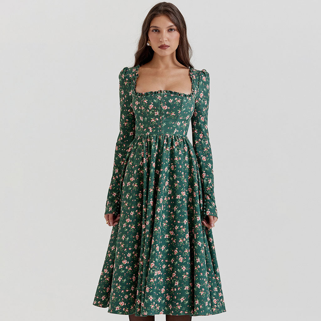 Robe de cocktail mi-longue à volants et col carré, taille haute, manches longues, imprimé floral, style nostalgique