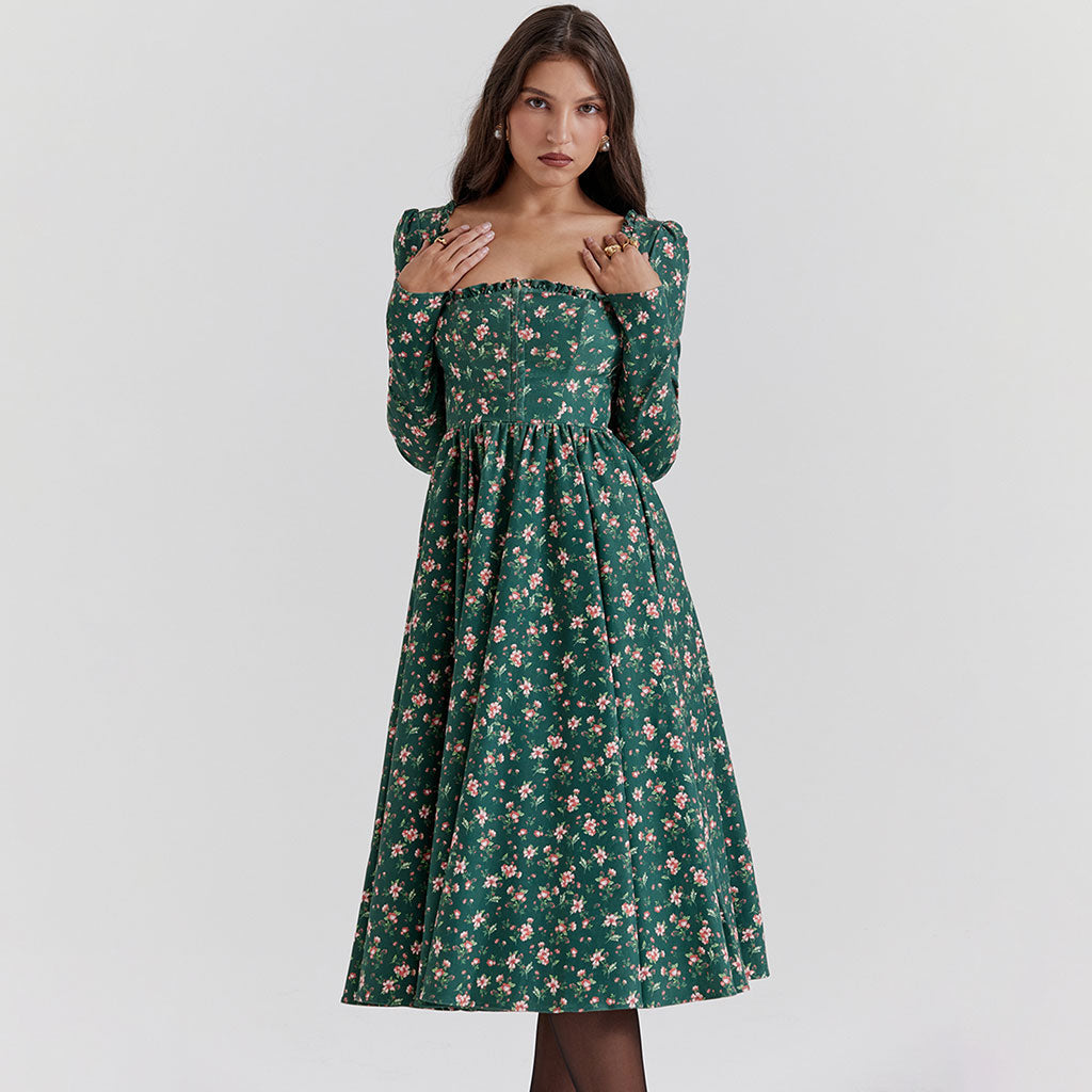 Robe de cocktail mi-longue à volants et col carré, taille haute, manches longues, imprimé floral, style nostalgique