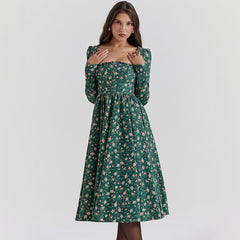 Robe de cocktail mi-longue à volants et col carré, taille haute, manches longues, imprimé floral, style nostalgique