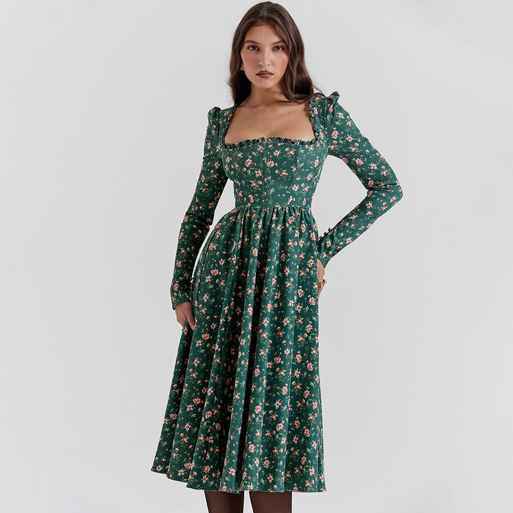 Robe de cocktail mi-longue à volants et col carré, taille haute, manches longues, imprimé floral, style nostalgique