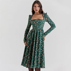 Nostalgic Frilled Square Neck High Waist Long Sleeve Floral Printed Midi Cocktail Dress