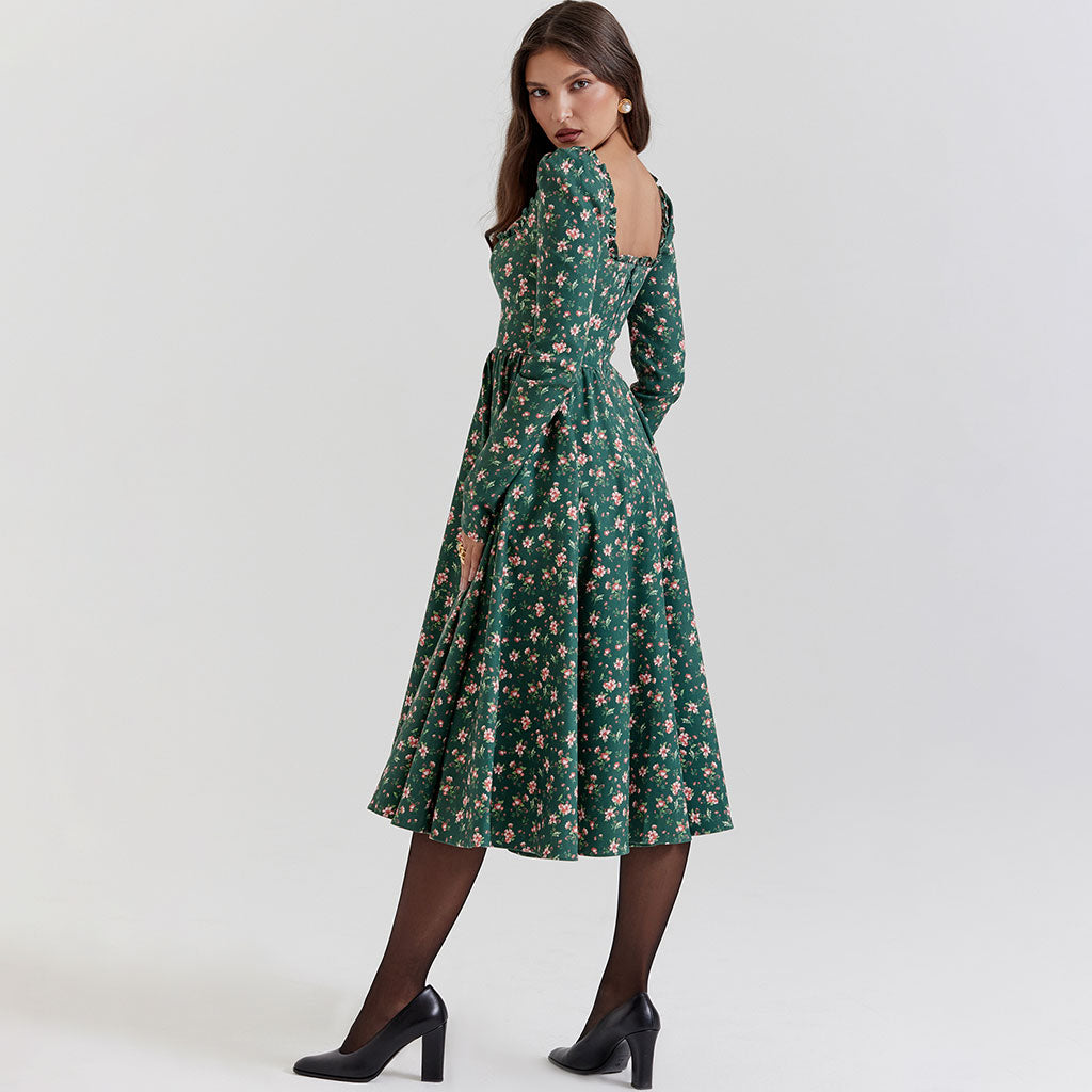 Nostalgic Frilled Square Neck High Waist Long Sleeve Floral Printed Midi Cocktail Dress