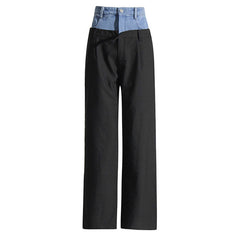 Offbeat Contrast Distressed Denim Hybrid Double Waistband Straight Leg Pants