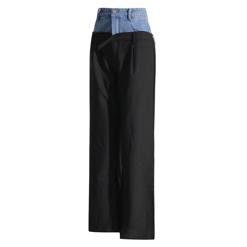 Offbeat Contrast Distressed Denim Hybrid Double Waistband Straight Leg Pants