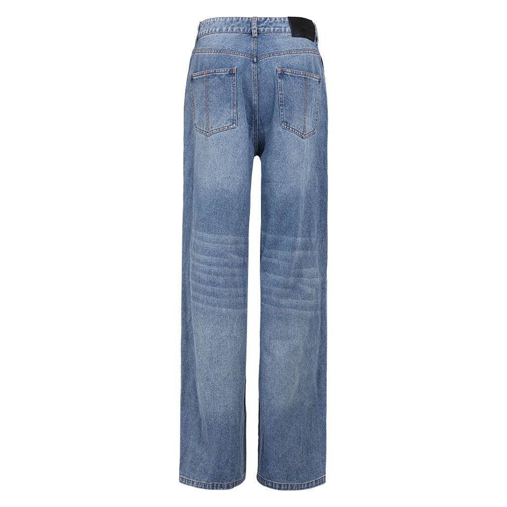 Offbeat – Kontrastierende Distressed-Hybrid-Jeans mit weitem Bein und mittlerer Taille und Strumpfhalter-Design