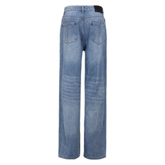 Offbeat – Kontrastierende Distressed-Hybrid-Jeans mit weitem Bein und mittlerer Taille und Strumpfhalter-Design