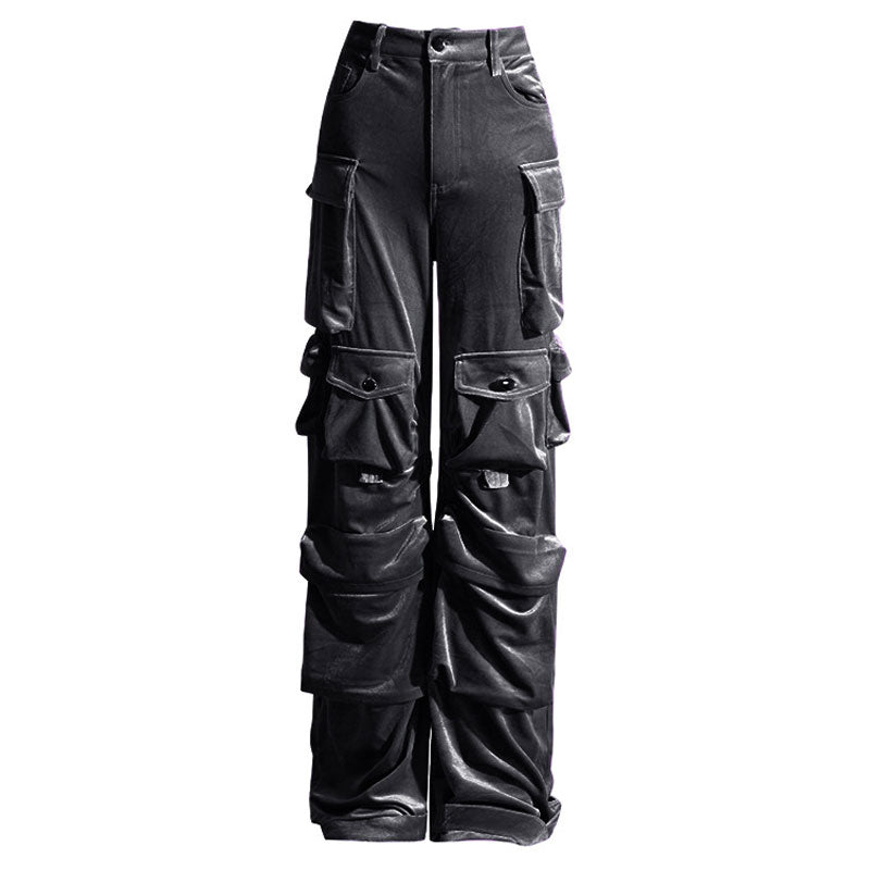 Offbeat Cargohose aus poliertem Samt mit niedriger Taille und mehreren Taschen und weitem Bein