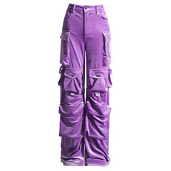 Offbeat Cargohose aus poliertem Samt mit niedriger Taille und mehreren Taschen und weitem Bein