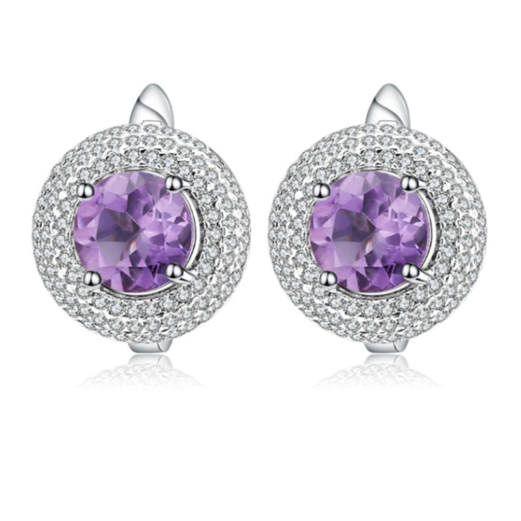 Opulent Amethyst Halo Clear Cubic Zirconia Cluster Stud Earrings