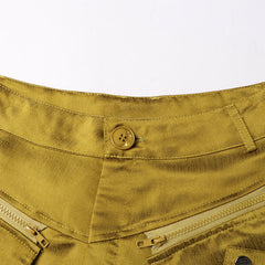 Opulent Brushed Effect High Waist Zipper Pocket Pleated Wide Leg Cargo Pants