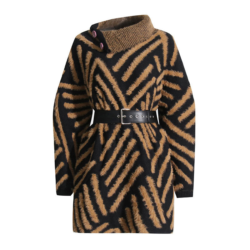 Opulent Button Trim High Neck Contrast Fluffy Stripe Long Sleeve Pullover Sweater