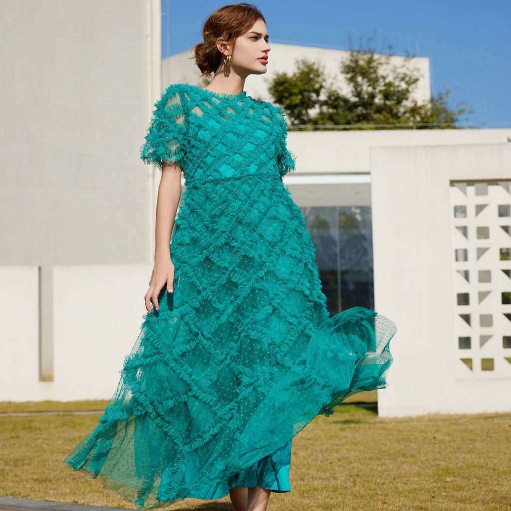 Opulent Crew Neck Sheer Sleeve High Waist A Line Dotted Tulle Ruffle Maxi Dress