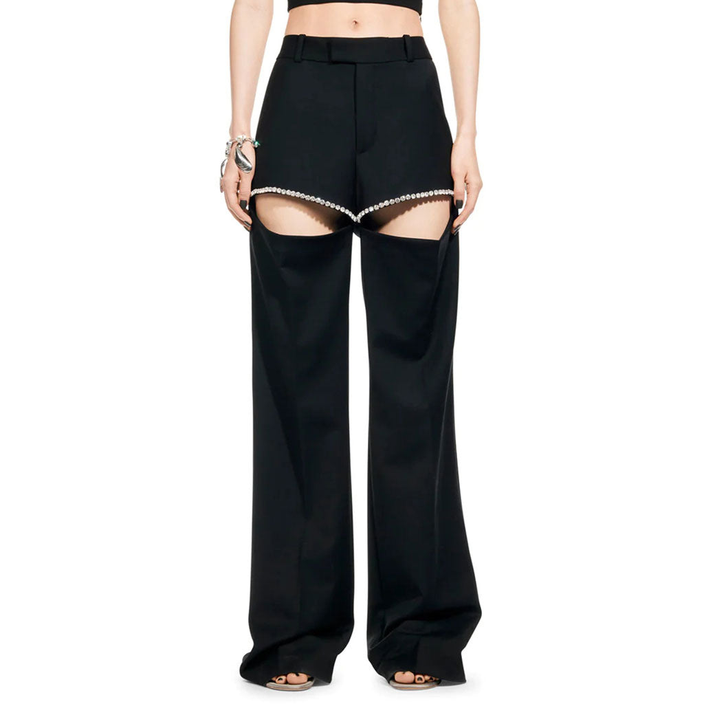 Opulent Crystal Embellished CutOut High Waist Straight Leg Suit Pants