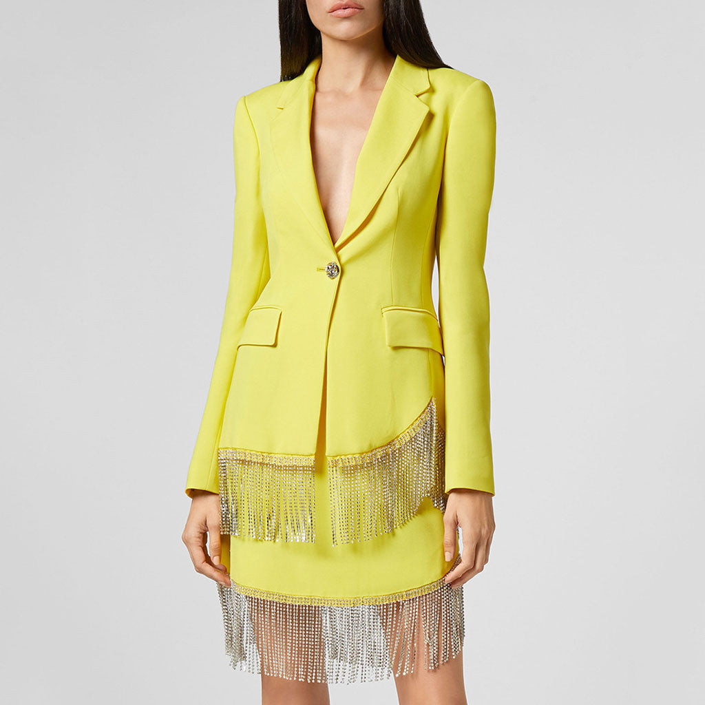 Opulent Crystal Fringe Detail Peak Lapel One Button Tailored Blazer Matching Set