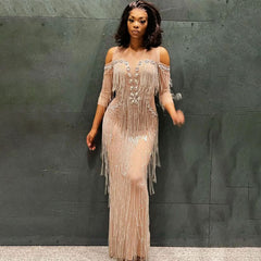 Robe de soirée longue en maille transparente à épaules dénudées et à franges superposées Gatsby