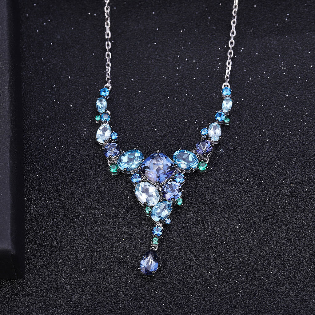 Opulent Swiss Blue Topaz Mystic Quartz Pendant Statement NeckLace