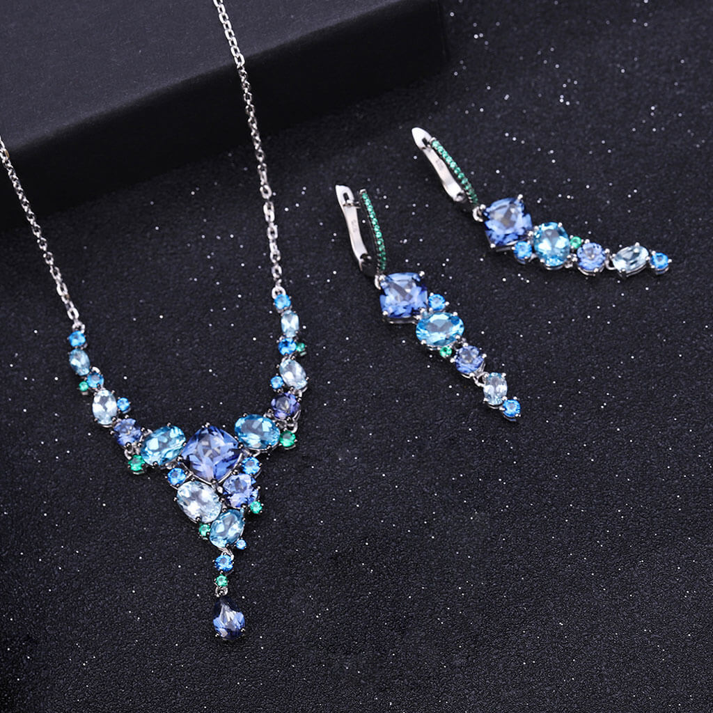 Opulent Swiss Blue Topaz Mystic Quartz Pendant Statement NeckLace