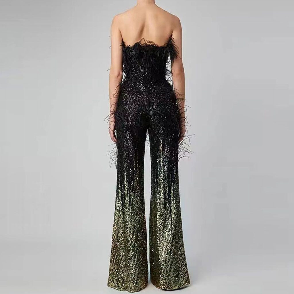 Opulent Wispy Feather Trim Strapless High Waist Wide Leg Ombre Sequin Jumpsuit