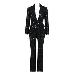 Ensemble assorti blazer à paillettes et maille transparente brodée à fleurs