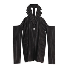 Oversized Crystal Embellished CutOut Single Breasted Lapel Collar Striped Blazer