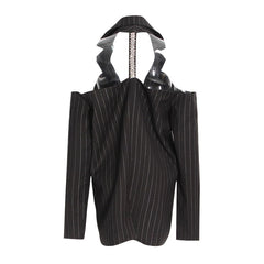 Oversized Crystal Embellished CutOut Single Breasted Lapel Collar Striped Blazer