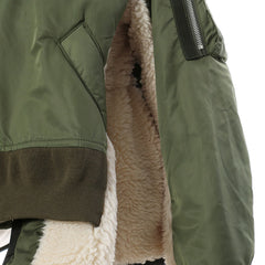 Oversized Layered Faux Wool Panel Drawstring Zip Up Bomber Jacket - Army Green