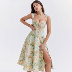 Painterly Printed Square Neck Drop Waist Corset Split Midi Floral SunDress