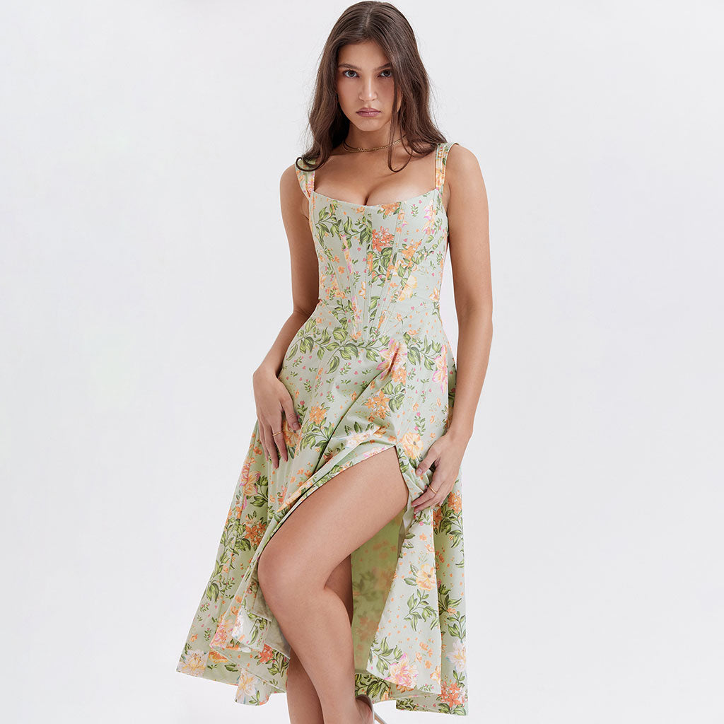 Painterly Printed Square Neck Drop Waist Corset Split Midi Floral SunDress