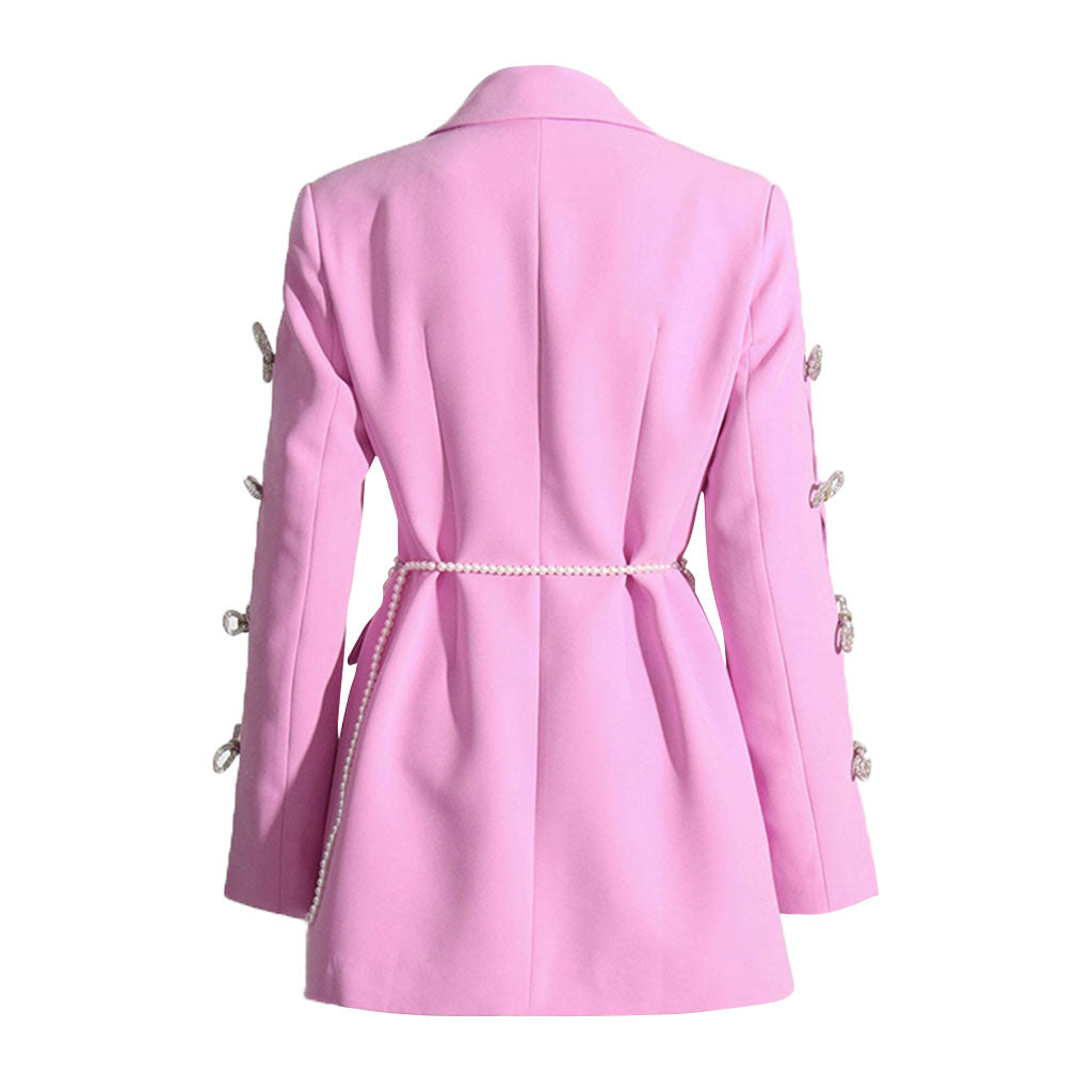 Pearlescent Belt Crystal Bow CutOut Long Sleeve Lapel Collar Long Blazer