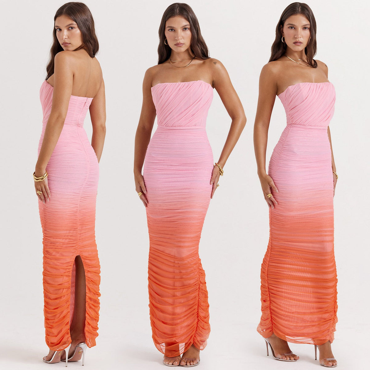 Robe longue moulante rose orange dégradé cendré