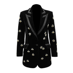 Playful Crystal Bee Embellished Lapel Single Breasted Long Tailored Velvet Blazer