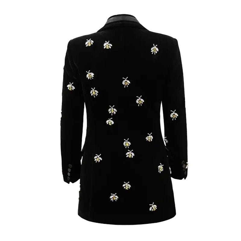 Playful Crystal Bee Embellished Lapel Single Breasted Long Tailored Velvet Blazer