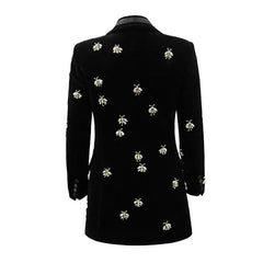 Playful Crystal Bee Embellished Lapel Single Breasted Long Tailored Velvet Blazer