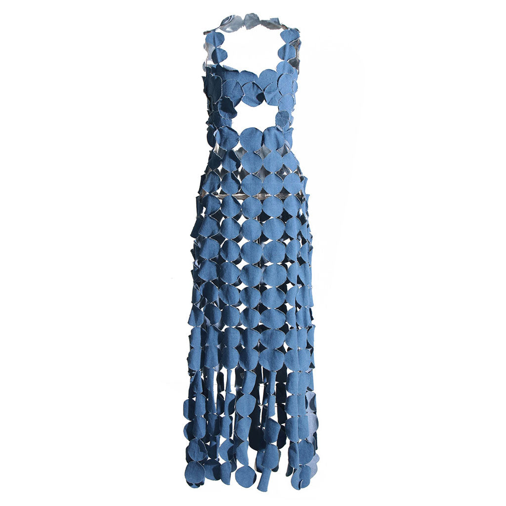 Playful Lacer Cut Circle CutOut Sleeveless Denim Applique Maxi Fringe Dress